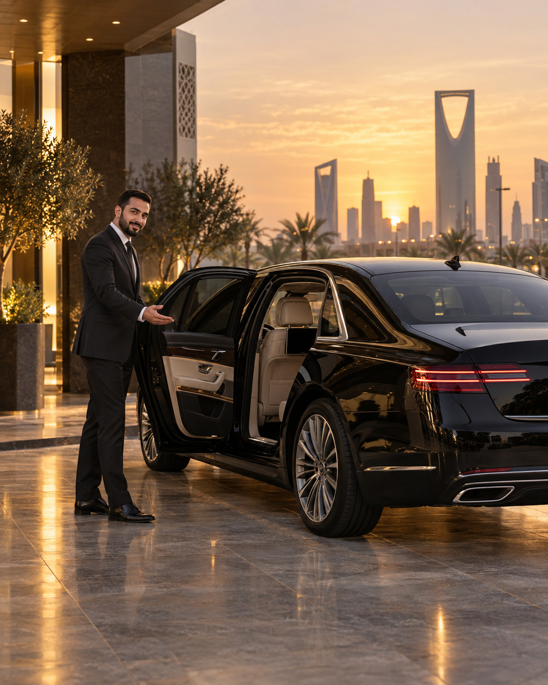 Kingdom Tours chauffeur in a dark suit standing beside a black executive car in Riyadh, Saudi Arabia